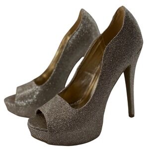 Shi by Journeys 6.5 Peep Toe Platform Pump Gold Glitter Stiletto Formal Prom Y2K